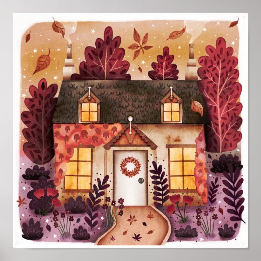 Poster Cosy gîte à l'automne avec feuilles d'automne (Devant)