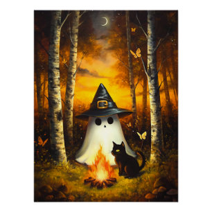Poster Cosy Halloween Ghost & Black Cat Campfire Art