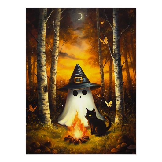 Poster Cosy Halloween Ghost & Black Cat Campfire Art (Devant)