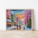 Poster Cosy Winter Street Scène Art Moderne<br><div class="desc">Un tableau d'art moderne et cosy représentant une charmante scène de rue hivernale avec des bâtiments aux couleurs vives, un sapin de Noël joliment décoré, et des gens qui se baladent dans la neige en chute libre. L'utilisation de couleurs pastel vives ajoute une touche chaleureuse et accueillante au froid de...</div>