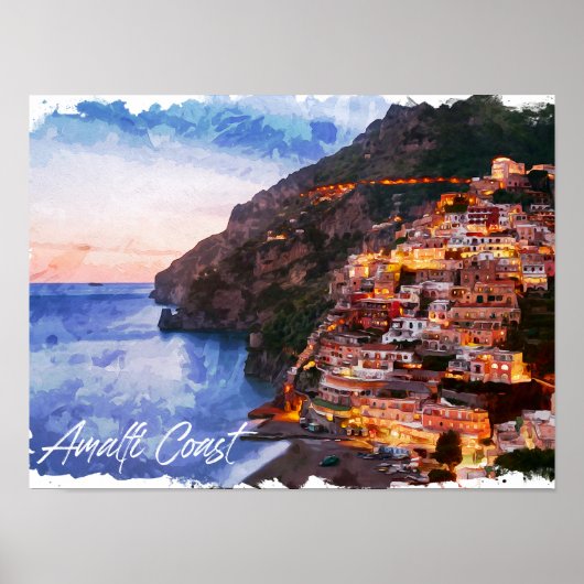 Poster Côte d'Amalfi Italie Aquarelle Côte Positano (Devant)