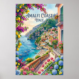 Poster Côte d'Amalfi Italie Aquarelle Voyage Tropical