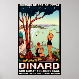 Poster Côte de Dinard, filles nageant, voyage vintage