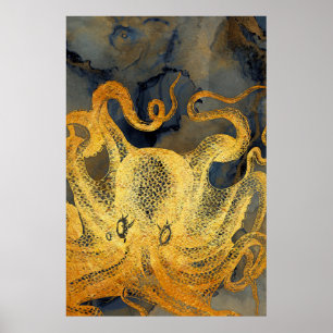 Poster Côte Vintage or bleu noir octopus aquarelle
