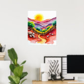 Poster Coteau de coucher de soleil avec aquarelle d'arbre (Bureau à domicile)