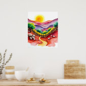Poster Coteau de coucher de soleil avec aquarelle d'arbre (Cuisine)