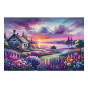 Poster Cottage au coucher de soleil pastel Jardin au bord