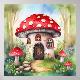 Poster Cottage d'art de champignons enchantés