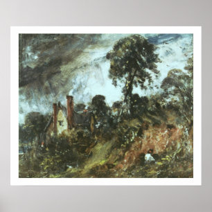 Poster Cottage parmi les arbres avec un banc de sable,