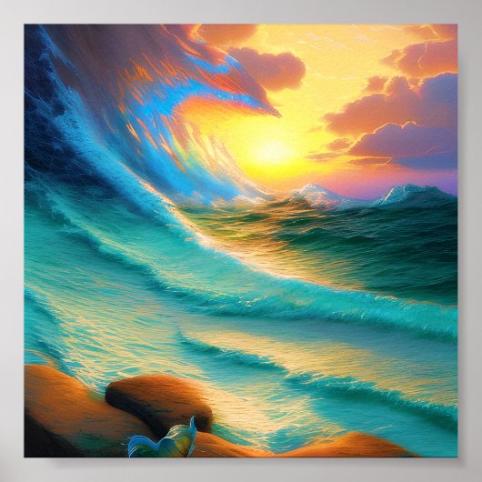Poster Coucher de soleil à travers une vague (Devant)