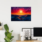 Poster Coucher de soleil abstrait vibrant sur des vagues (Bureau à domicile)