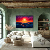 Poster Coucher de soleil abstrait vibrant sur des vagues