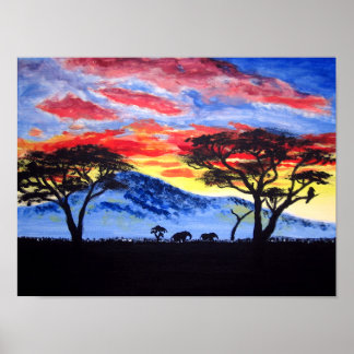 Poster Coucher de soleil africain Safari animal Silhouett