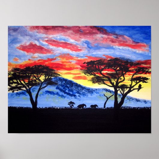 Poster Coucher de soleil africain Safari animal Silhouett (Devant)