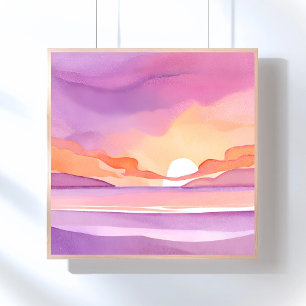 Poster Coucher de soleil aquarelle rose Beau ciel océan