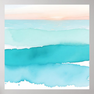 Poster Coucher de soleil aquarelle sur l'océan turquoise