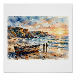 Poster Coucher de soleil au bord de la mer,