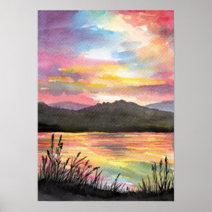 Poster Coucher de soleil au bord du lac
