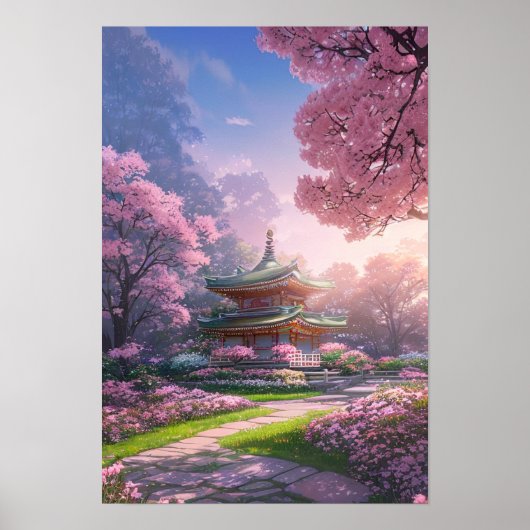 Poster Coucher de soleil au temple japonais (Devant)