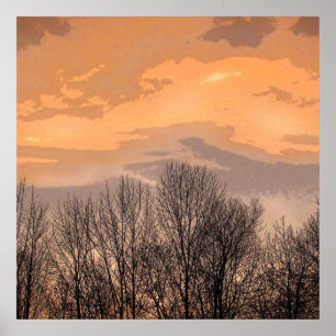 Poster Coucher de soleil avec arbres nus
