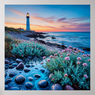 Poster Coucher de soleil avec fleurs vibrantes et pierres