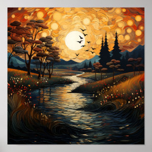 Poster Coucher de soleil avec oiseaux et ruisseau