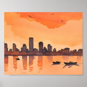Poster Coucher de soleil Cityscape   Aquarelle Orange Cit