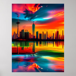 Poster Coucher de soleil coloré Cityscape Art