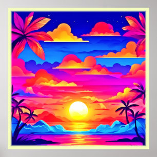 Poster Coucher de soleil coloré de palmier