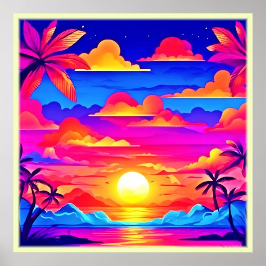 Poster Coucher de soleil coloré de palmier (Devant)