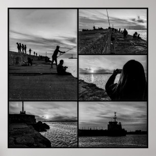 Poster Coucher de soleil côtier noir et blanc collage de