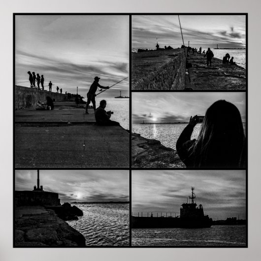Poster Coucher de soleil côtier noir et blanc collage de (Devant)