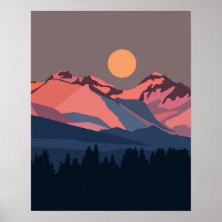 Poster Coucher de soleil dans les montagnes enneigées