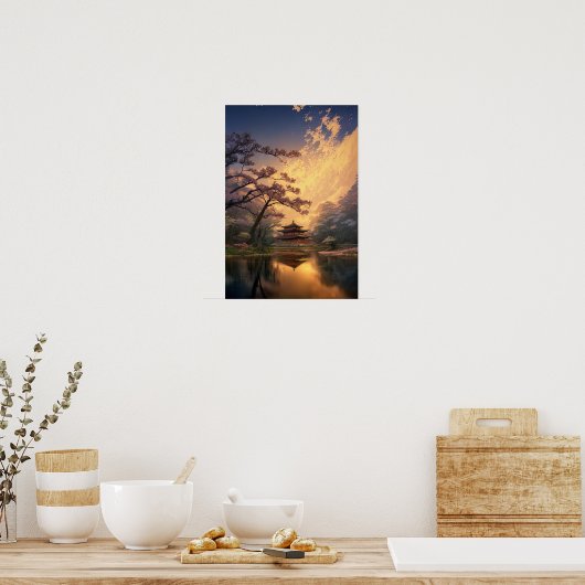 Poster Coucher de soleil dans un ancien temple en bois (Cuisine)
