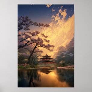 Poster Coucher de soleil dans un ancien temple en bois