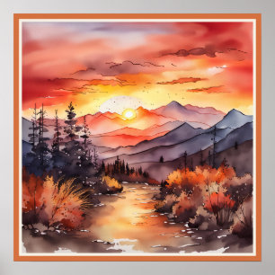 Poster Coucher de soleil d'automne sur l'aquarelle de mon