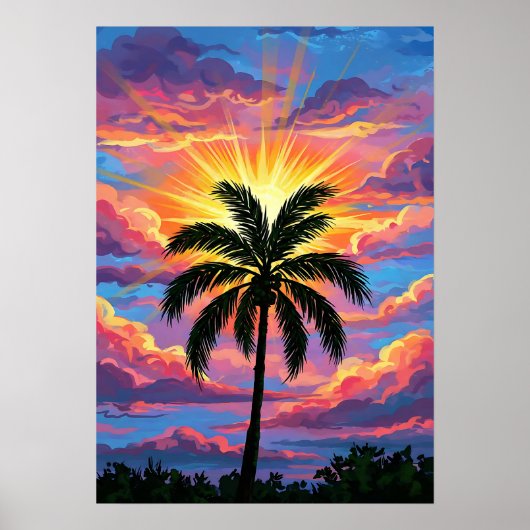 Poster Coucher de soleil de palmier chromatique (Devant)