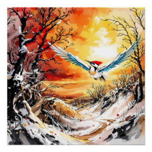 Poster Coucher de soleil de pic forestier mignon Imaginai