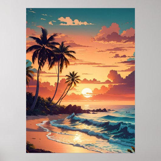 Poster Coucher de soleil de plage tropical (Devant)