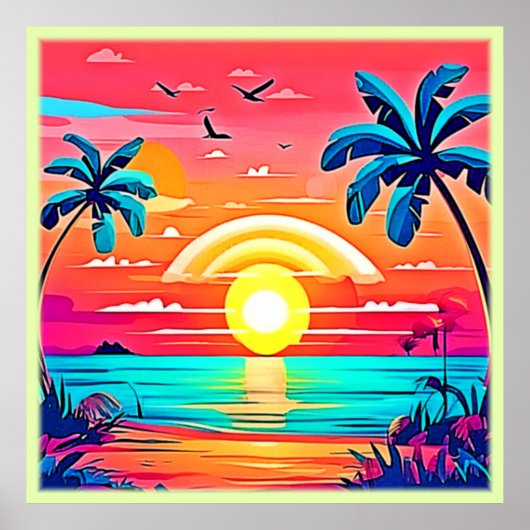 Poster Coucher de soleil de plage tropical avec arc-en-ci (Devant)