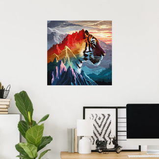Poster Coucher de soleil de Tigre Silhouette Montagne