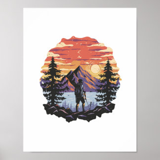 Poster Coucher de soleil derrière les arbres et les monta