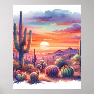 Poster Coucher de soleil désert éclat aquarelle Sud-Ouest