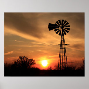 Poster Coucher de soleil doré du Kansas avec silhouette d