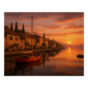 Poster Coucher De Soleil Doré Sur Le Village Côtier