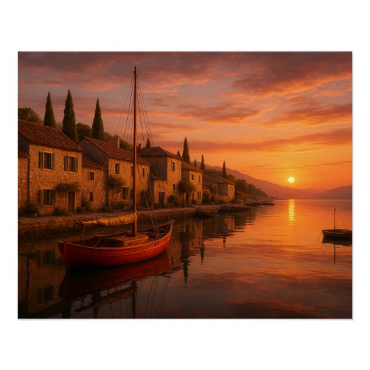 Poster Coucher De Soleil Doré Sur Le Village Côtier (Devant)