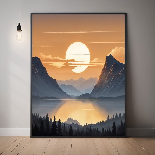 Poster Coucher de soleil doré sur Majestic Mountain Paysa