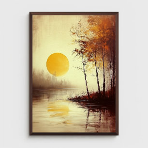 Poster Coucher de soleil doré sur un lac tranquille avec 