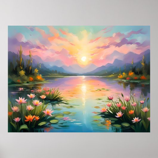 Poster Coucher De Soleil Doré Vibrant Sur Le Lac Tranquil (Devant)