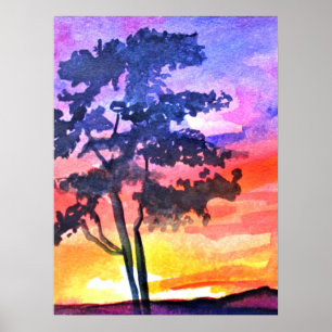 Poster Coucher de soleil Dream paysage aquarelle art